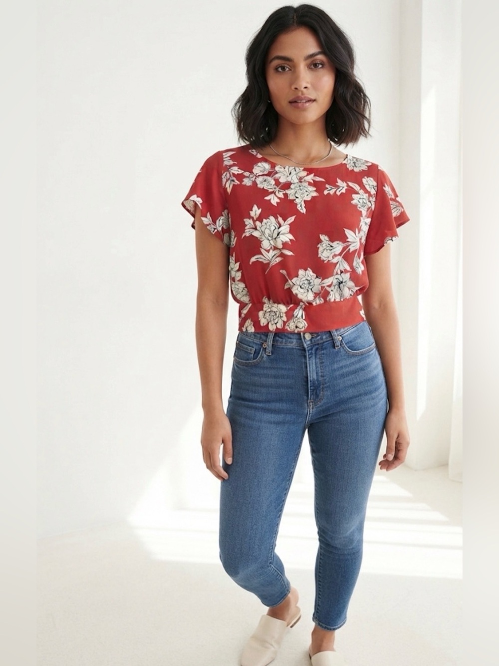 Floral Red Short-Sleeve Smocked-Hem Top